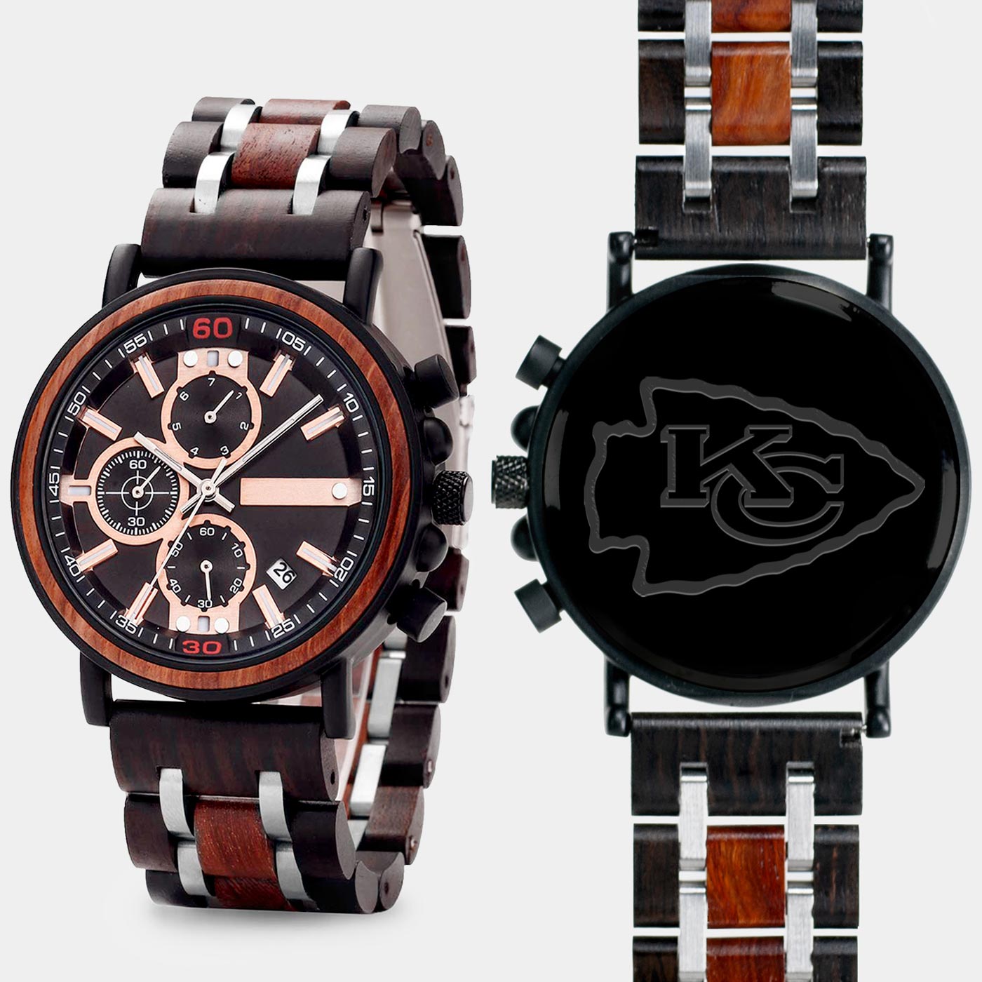 Kansas City Chiefs Wooden Wristwatch - Chronograph Mahogany And Walnut  Watches - Custom KC Chiefs Gift