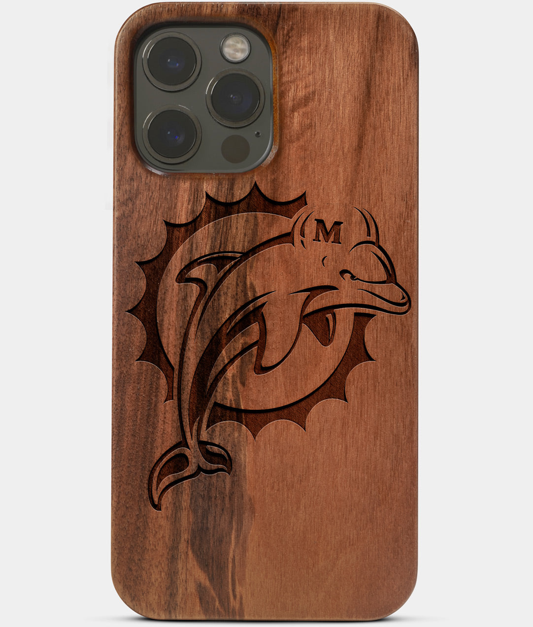 Wood Miami Dolphins iPhone 13 Pro Max Case | Custom Miami Dolphins Gift |  Walnut Wood Cover