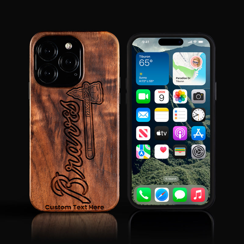 Custom Atlanta Braves iPhone 16/16 Pro/16 Pro Max/16 Plus Case - Carved Wood Braves Cover