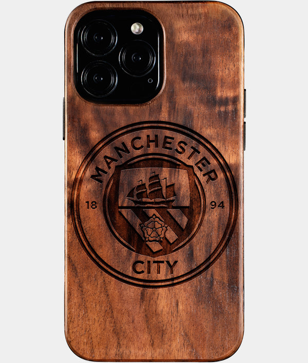 Custom Manchester City F.C. iPhone 16/16 Pro/16 Pro Max/16 Plus Case - Wood Manchester City FC Cover - Eco-friendly Manchester City FC iPhone 16 Case - Carved Wood Custom Manchester City FC Gift For Him - Monogrammed Personalized iPhone 16 Cover By Engraved In Nature