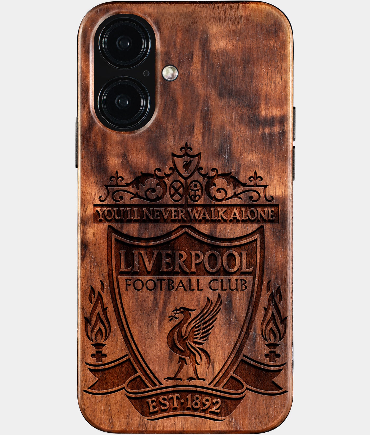 Eco-friendly Liverpool FC iPhone 16 Case - Carved Wood Custom Liverpool FC Gift For Him - Monogrammed Personalized iPhone 16 Cover By Engraved In Nature