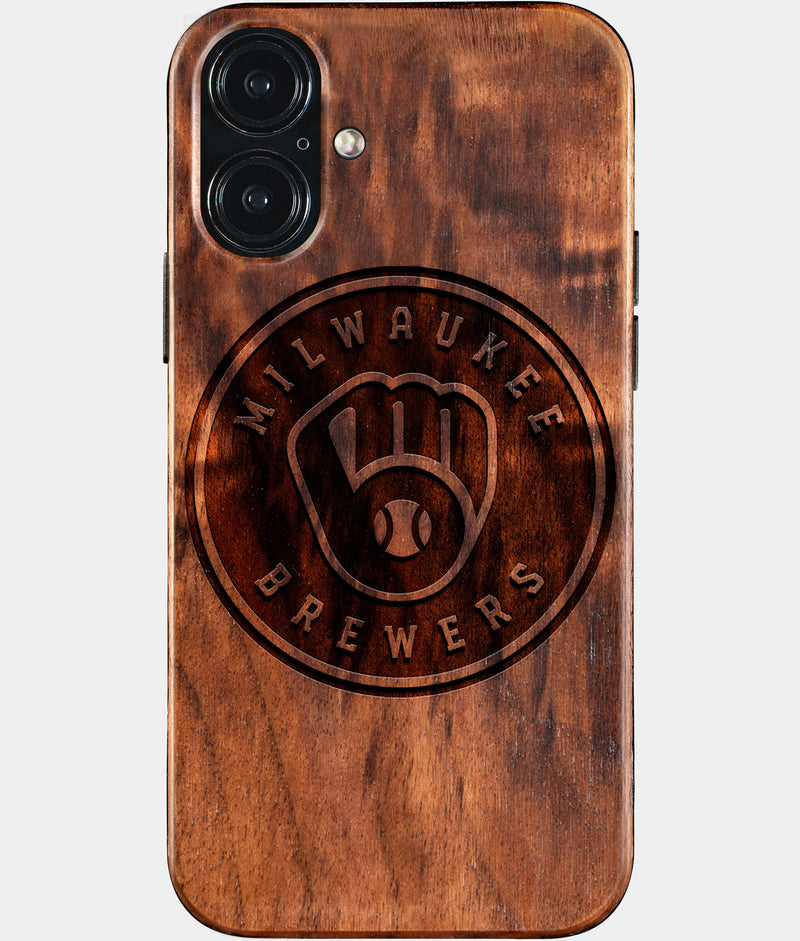 Eco-friendly Milwaukee Brewers iPhone 16 Plus Case - Carved Wood Custom Milwaukee Brewers Gift For Him - Monogrammed Personalized iPhone 16 Plus Cover By Engraved In Nature