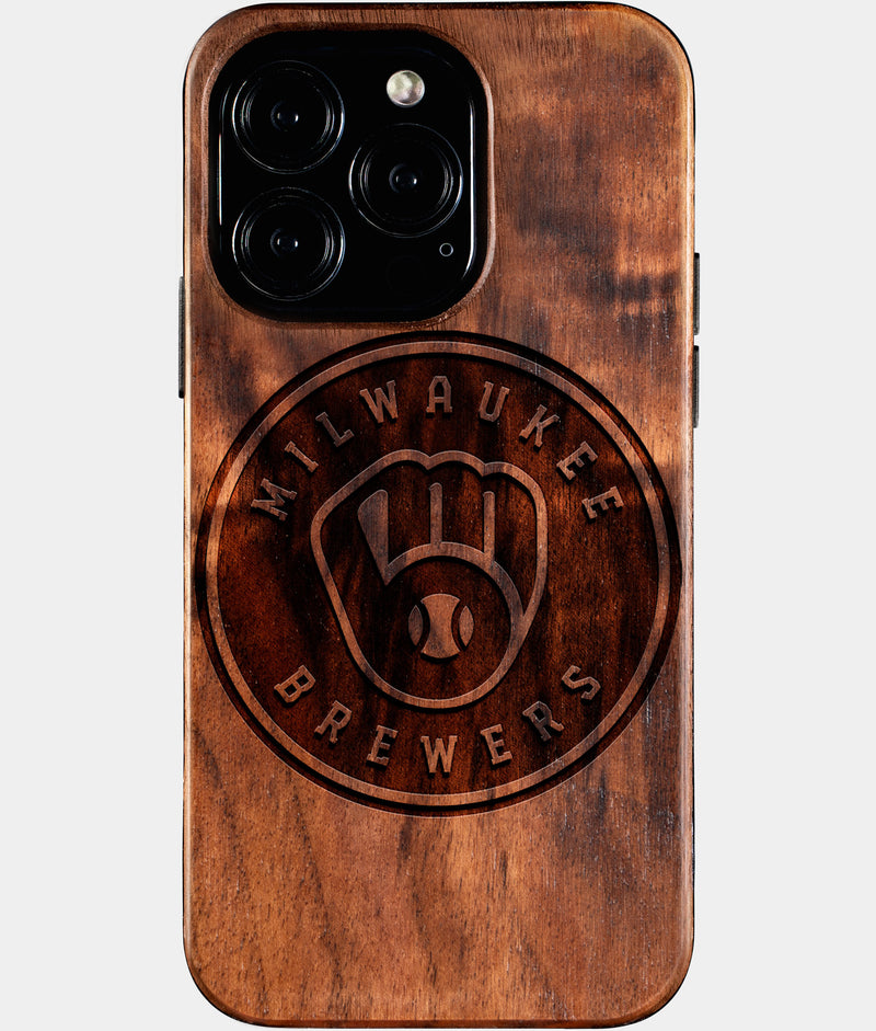 Eco-friendly Milwaukee Brewers iPhone 16 Pro Case - Carved Wood Custom Milwaukee Brewers Gift For Him - Monogrammed Personalized iPhone 16 Pro Cover By Engraved In Nature