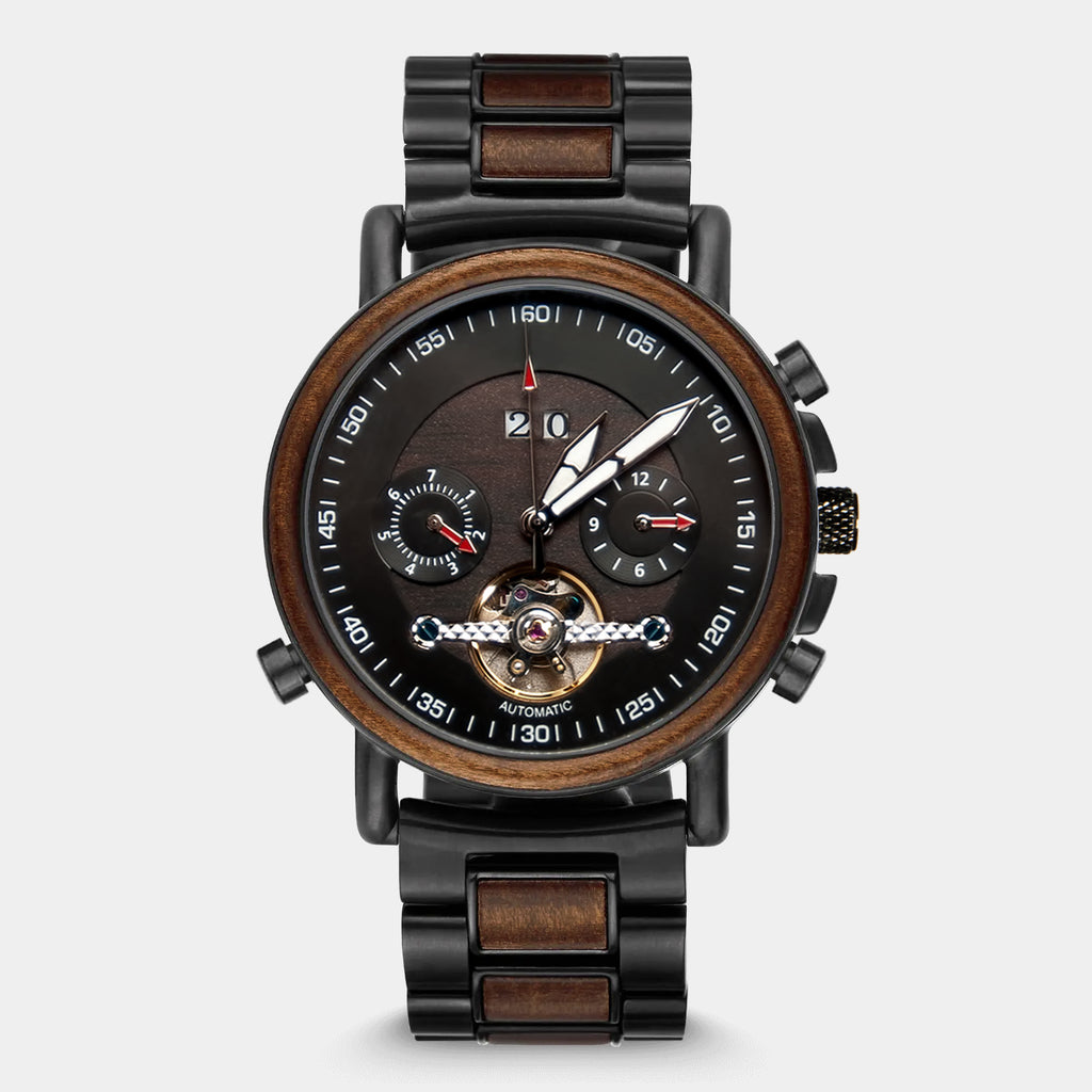 AlderGrove Matte Black Titanium Custom Automatic Mechanical Wood Watch for Men Best Groomsmen Watches Custom Black Automatic Watch Black