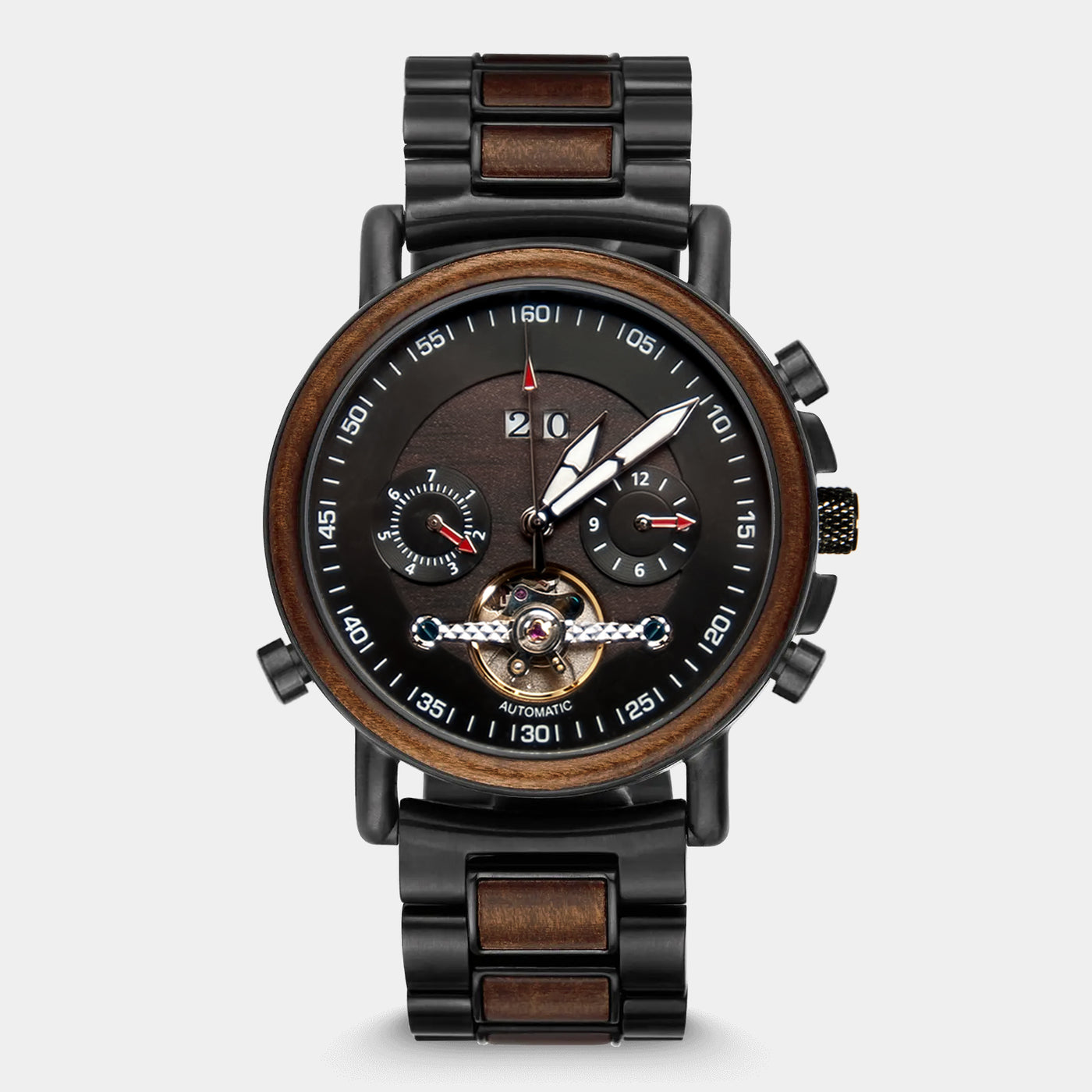 Custom Mechanical Wood Watch For Men AlderGrove Matte Black Titanium Engraved In Nature