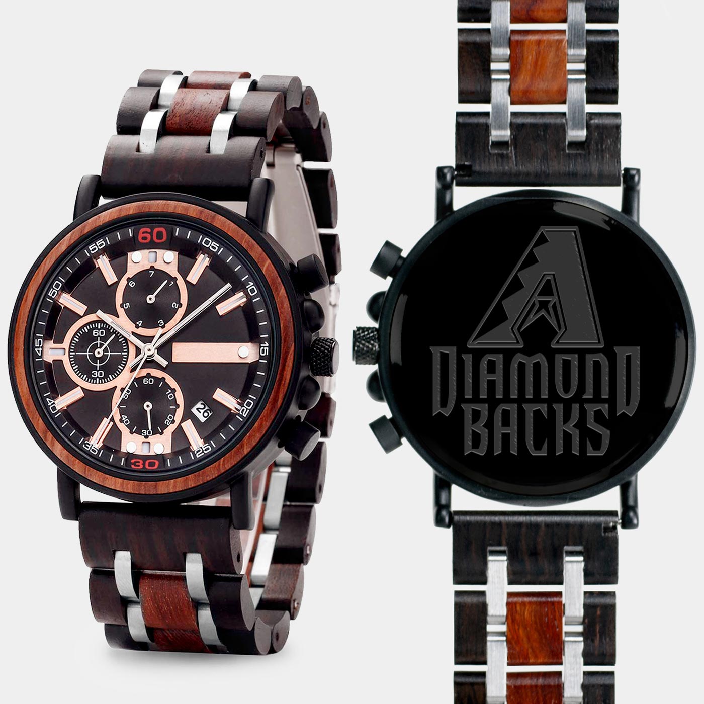 Arizona Diamondbacks Mens Wrist Watch  - Personalized Arizona Diamondbacks Mens Watches - Custom Gifts For Him, Birthday Gifts, Gift For Dad - Best 2022 Arizona Diamondbacks Christmas Gifts - Black 45mm MLB Wood Watch - By Engraved In Nature