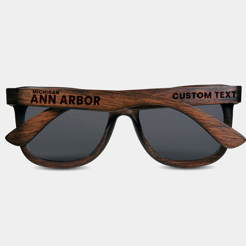 Ann Arbon Michigan Wood Sunglasses with custom engraving. Custom Ann Arbon Michigan Gifts For Men -  Sustainable Ann Arbon Michigan eco friendly products - Personalized Ann Arbon Michigan Birthday Gifts - Unique Ann Arbon Michigan travel Souvenirs and gift shops. Ann Arbon Michigan Wayfarer Eyewear and Shades 