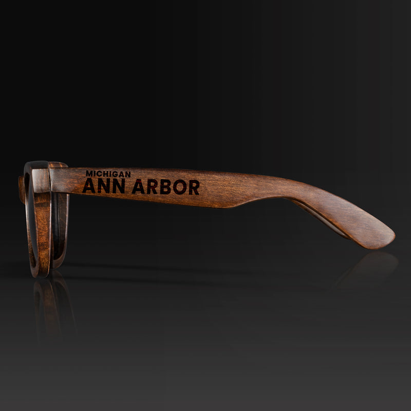 Ann Arbon Michigan Wood Sunglasses with custom engraving. Custom Ann Arbon Michigan Gifts For Men -  Sustainable Ann Arbon Michigan eco friendly products - Personalized Ann Arbon Michigan Birthday Gifts - Unique Ann Arbon Michigan travel Souvenirs and gift shops. Ann Arbon Michigan Wayfarer Eyewear and Shades Side