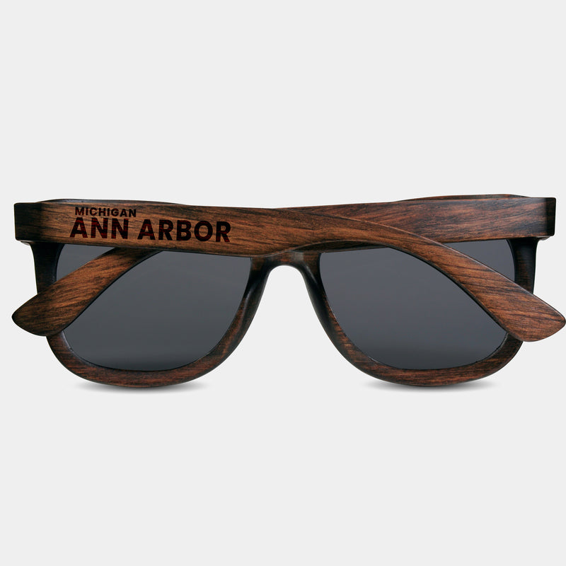 Ann Arbon Michigan Wood Sunglasses with custom engraving.  Add Your Custom Engraving On The Right Side. Ann Arbon Michigan Custom Gifts For Men - Ann Arbon Michigan Sustainable Wayfarer Eyewear and Shades Front View