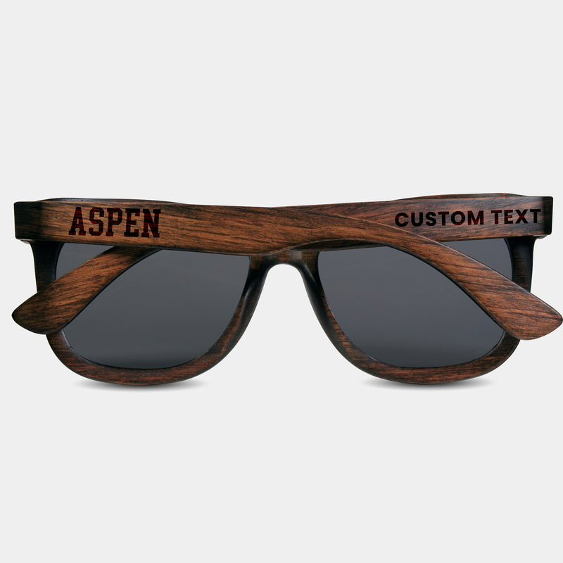 Aspen Colorado Wood Sunglasses with custom engraving. Custom Aspen Colorado Gifts For Men -  Sustainable Aspen Colorado eco friendly products - Personalized Aspen Colorado Birthday Gifts - Unique Aspen Colorado travel Souvenirs and gift shops. Aspen Colorado Wayfarer Eyewear and Shades 