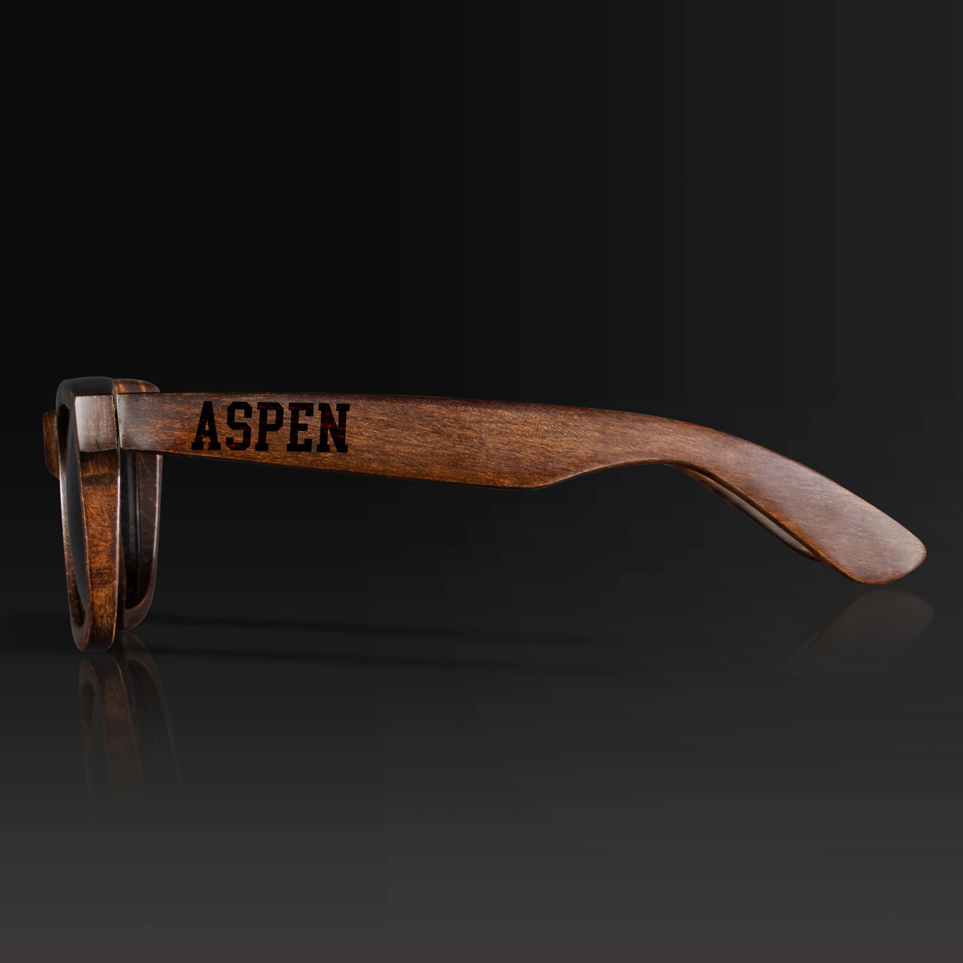 Aspen Colorado Wood Sunglasses with custom engraving. Custom Aspen Colorado Gifts For Men -  Sustainable Aspen Colorado eco friendly products - Personalized Aspen Colorado Birthday Gifts - Unique Aspen Colorado travel Souvenirs and gift shops. Aspen Colorado Wayfarer Eyewear and Shades Side