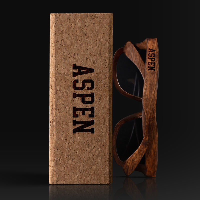 Aspen Colorado Wood Sunglasses with custom engraving. Custom Aspen Colorado Gifts For Men -  Sustainable Aspen Colorado eco friendly products - Personalized Aspen Colorado Birthday Gifts - Unique Aspen Colorado travel Souvenirs and gift shops. Aspen Colorado Wayfarer Eyewear and Shades wiith Box