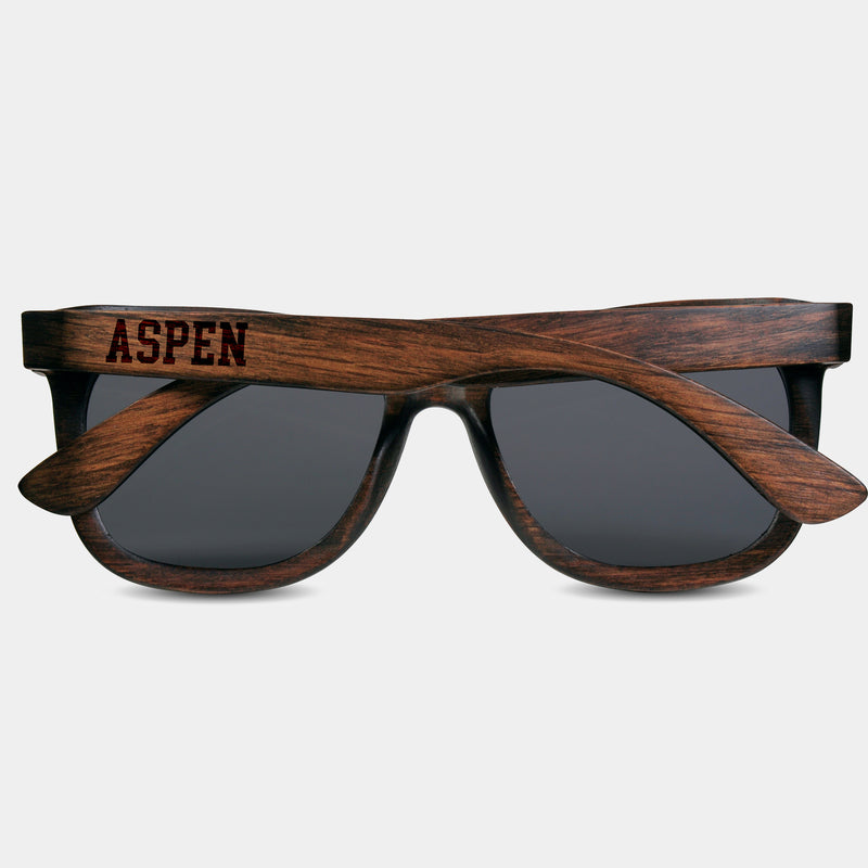 Aspen Colorado Wood Sunglasses with custom engraving.  Add Your Custom Engraving On The Right Side. Aspen Colorado Custom Gifts For Men - Aspen Colorado Sustainable Wayfarer Eyewear and Shades Front View