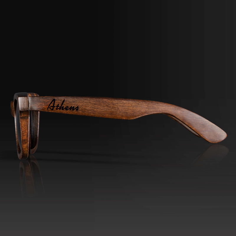 Athens Georgia III Wood Sunglasses with custom engraving. Custom Athens Georgia III Gifts For Men -  Sustainable Athens Georgia III eco friendly products - Personalized Athens Georgia III Birthday Gifts - Unique Athens Georgia III travel Souvenirs and gift shops. Athens Georgia III Wayfarer Eyewear and Shades Side