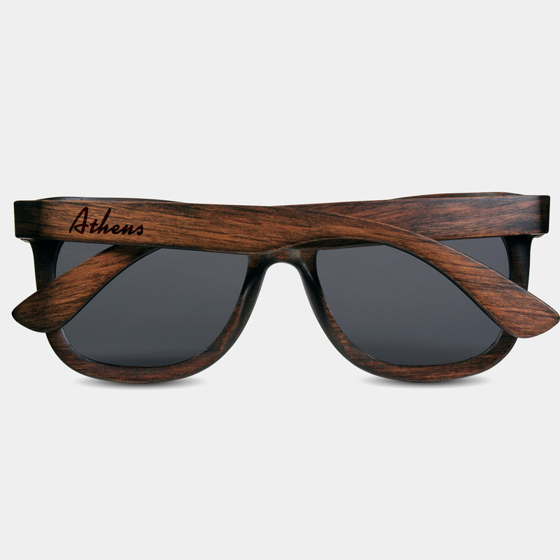 Athens Georgia III Wood Sunglasses with custom engraving.  Add Your Custom Engraving On The Right Side. Athens Georgia III Custom Gifts For Men - Athens Georgia III Sustainable Wayfarer Eyewear and Shades Front View