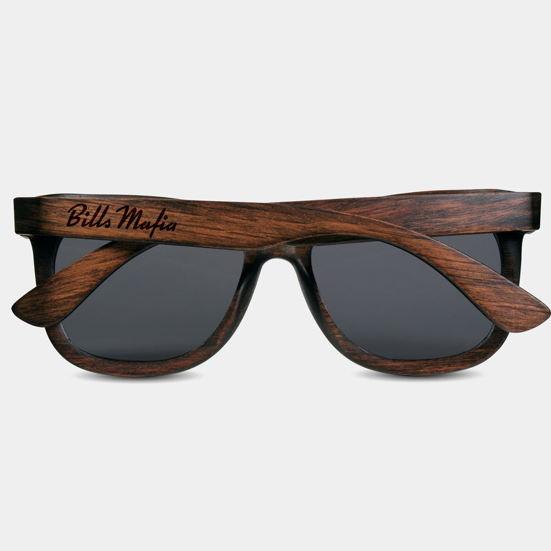 Bills Mafia II New York Wood Sunglasses with custom engraving.  Add Your Custom Engraving On The Right Side. Bills Mafia II New York Custom Gifts For Men - Bills Mafia II New York Sustainable Wayfarer Eyewear and Shades Front View