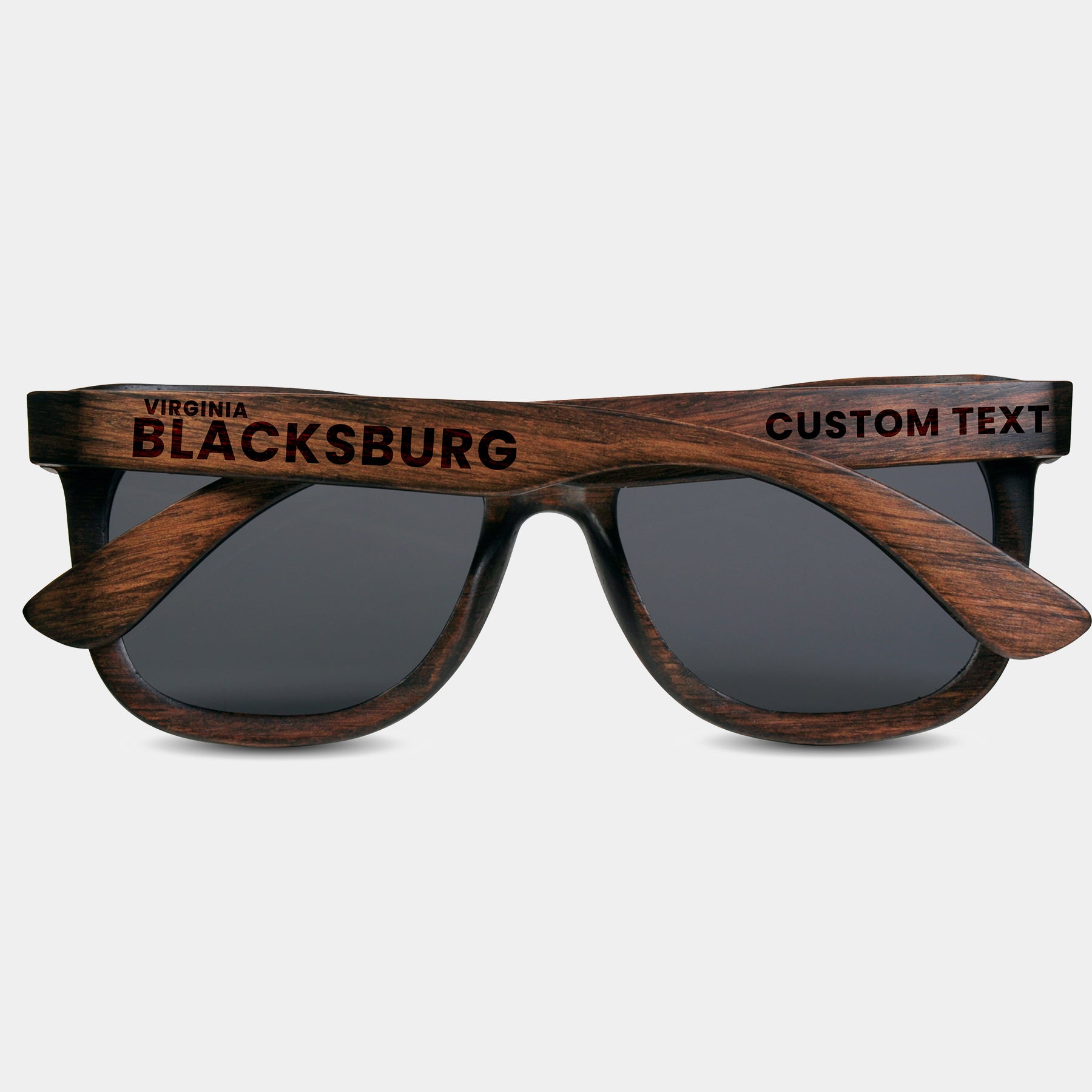 Blacksburg Virginia Wood Sunglasses with custom engraving. Custom Blacksburg Virginia Gifts For Men -  Sustainable Blacksburg Virginia eco friendly products - Personalized Blacksburg Virginia Birthday Gifts - Unique Blacksburg Virginia travel Souvenirs and gift shops. Blacksburg Virginia Wayfarer Eyewear and Shades 