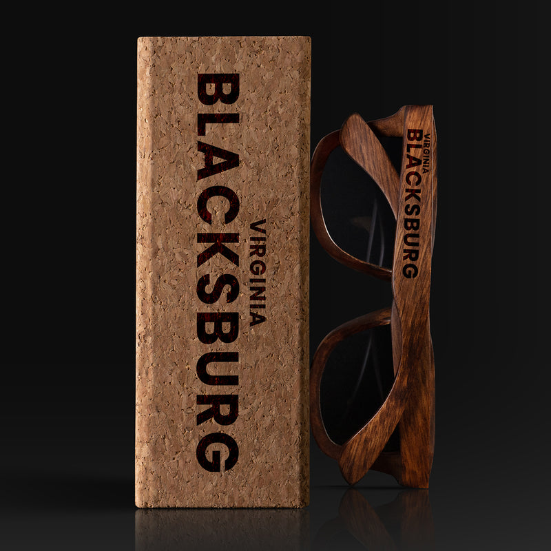 Blacksburg Virginia Wood Sunglasses with custom engraving. Custom Blacksburg Virginia Gifts For Men -  Sustainable Blacksburg Virginia eco friendly products - Personalized Blacksburg Virginia Birthday Gifts - Unique Blacksburg Virginia travel Souvenirs and gift shops. Blacksburg Virginia Wayfarer Eyewear and Shades wiith Box