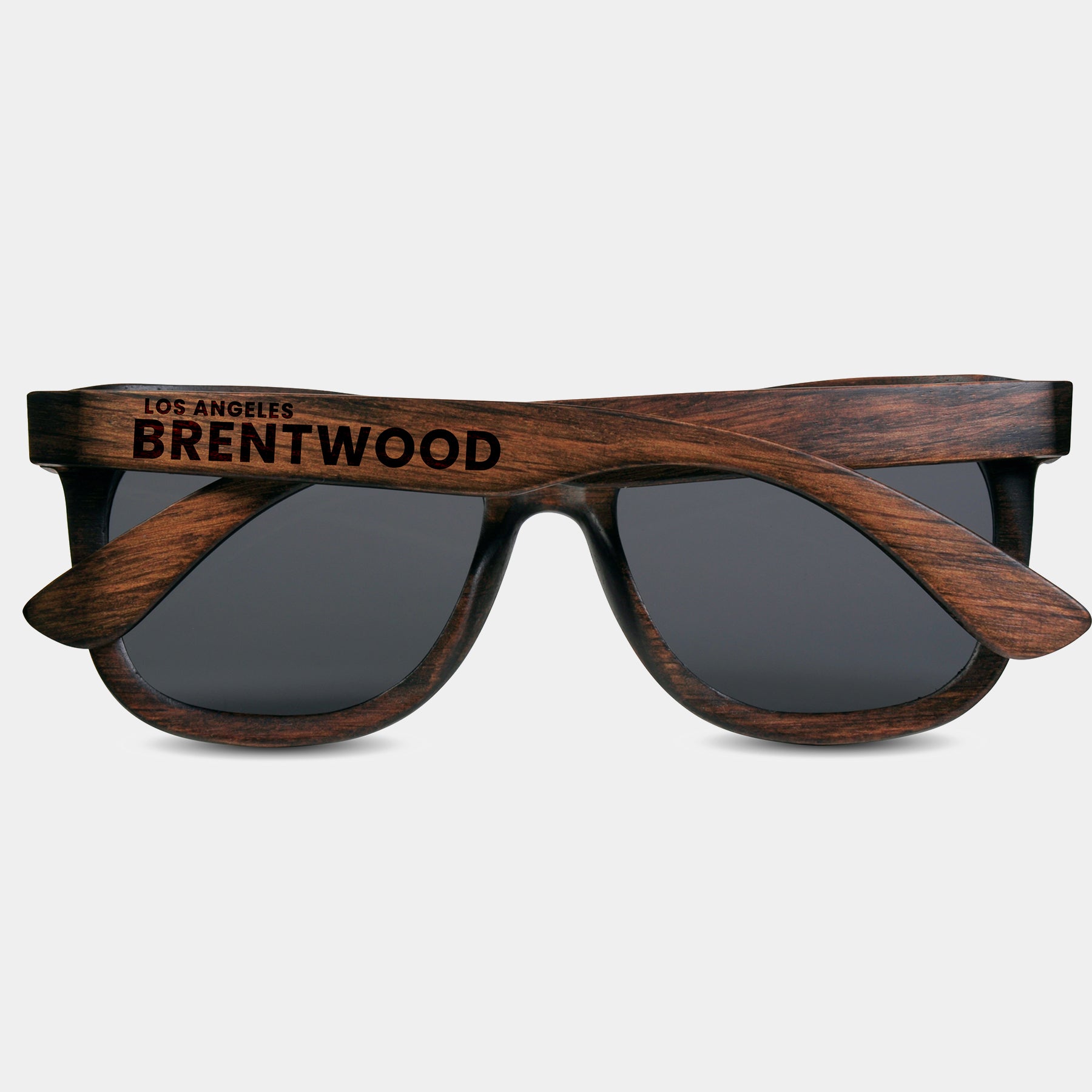 Brentwood California Wood Sunglasses with custom engraving.  Add Your Custom Engraving On The Right Side. Brentwood California Custom Gifts For Men - Brentwood California Sustainable Wayfarer Eyewear and Shades Front View