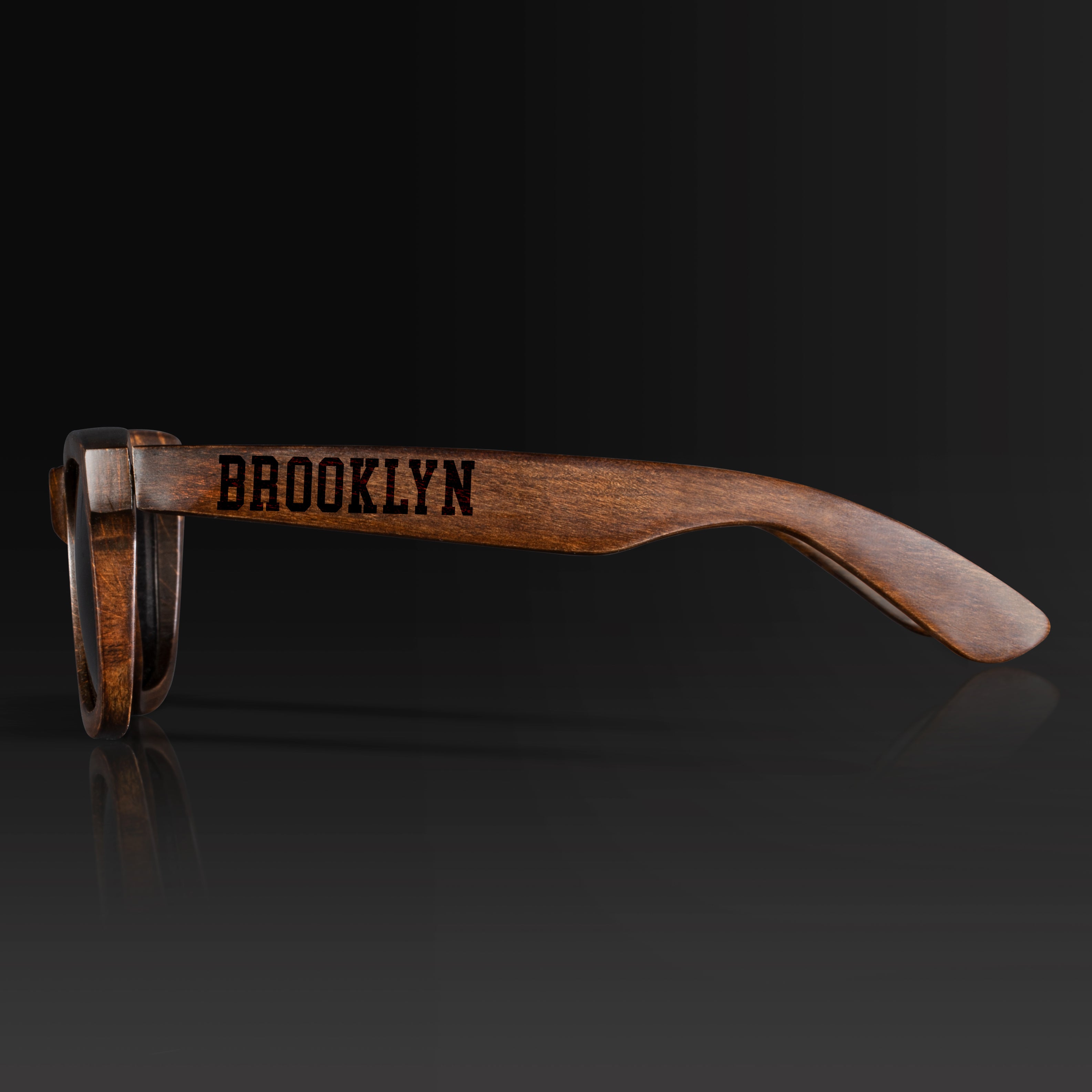 Brooklyn II New York Wood Sunglasses with custom engraving. Custom Brooklyn II New York Gifts For Men -  Sustainable Brooklyn II New York eco friendly products - Personalized Brooklyn II New York Birthday Gifts - Unique Brooklyn II New York travel Souvenirs and gift shops. Brooklyn II New York Wayfarer Eyewear and Shades Side