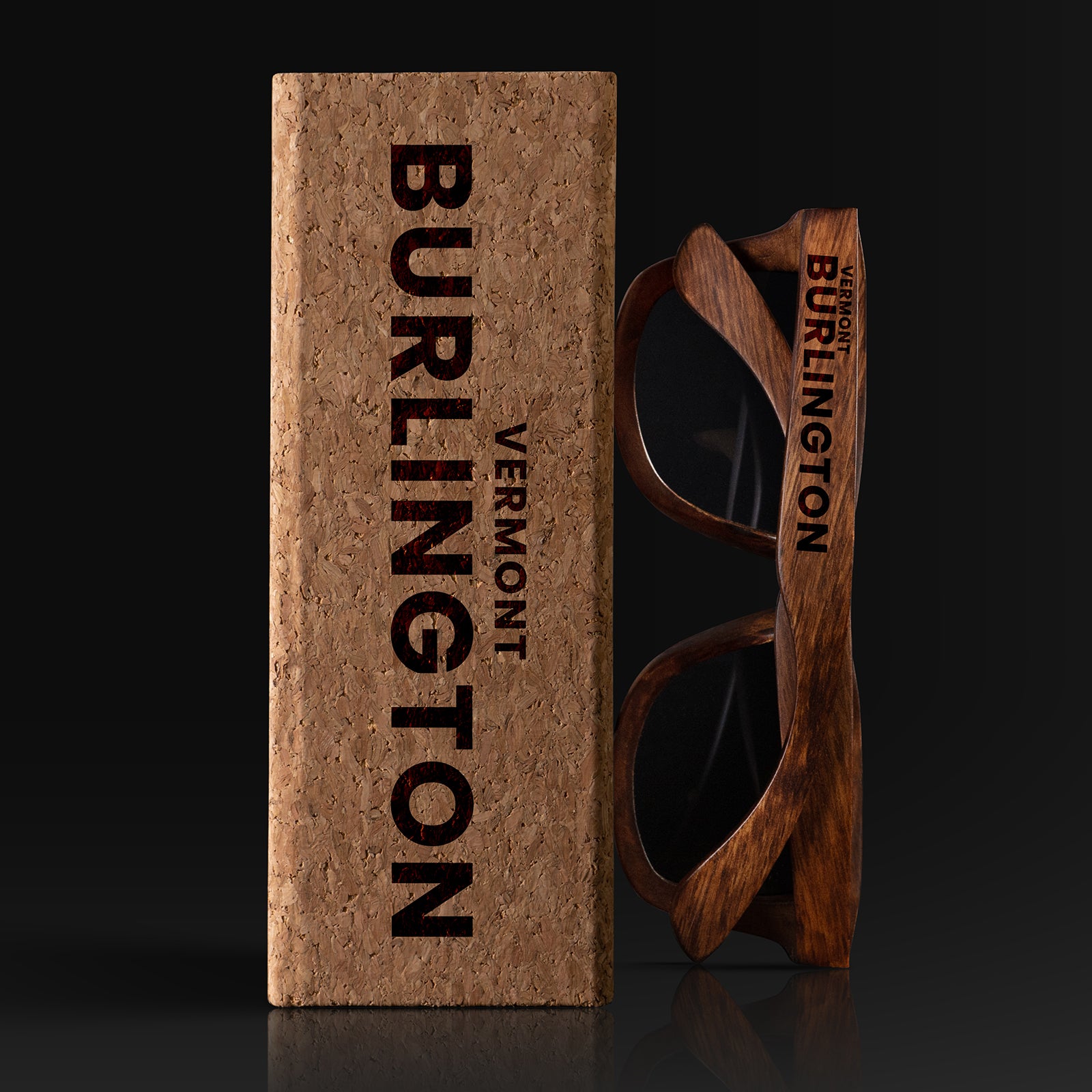 Burlington Vermont Wood Sunglasses with custom engraving. Custom Burlington Vermont Gifts For Men -  Sustainable Burlington Vermont eco friendly products - Personalized Burlington Vermont Birthday Gifts - Unique Burlington Vermont travel Souvenirs and gift shops. Burlington Vermont Wayfarer Eyewear and Shades wiith Box