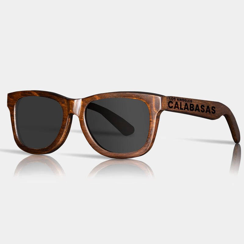 Calabasas California Wood Sunglasses with custom engraving. Custom Calabasas California Gifts For Men -  Sustainable Calabasas California eco friendly products - Personalized Calabasas California Birthday Gifts - Unique Calabasas California travel Souvenirs and gift shops. Calabasas California Wayfarer Eyewear and Shades Front View