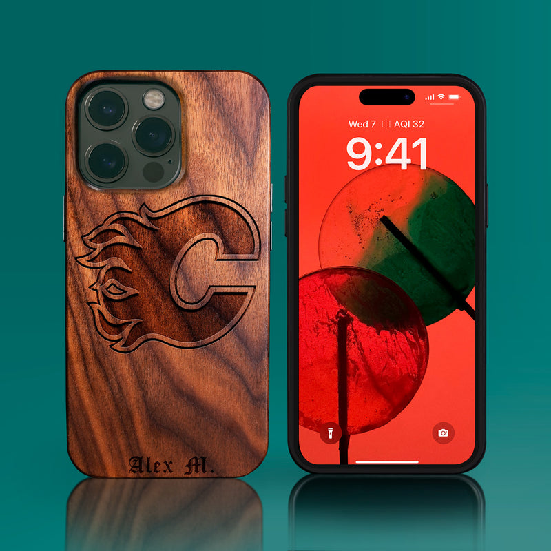 Custom Calgary Flames iPhone 14/14 Pro/14 Pro Max/14 Plus Case - Carved Wood Calgary Flames Cover