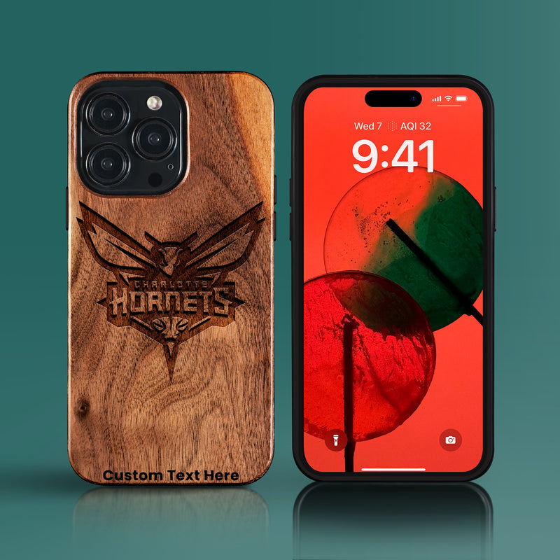 Custom Charlotte Hornets iPhone 15/15 Pro/15 Pro Max/15 Plus Case - Carved Wood Hornets Cover