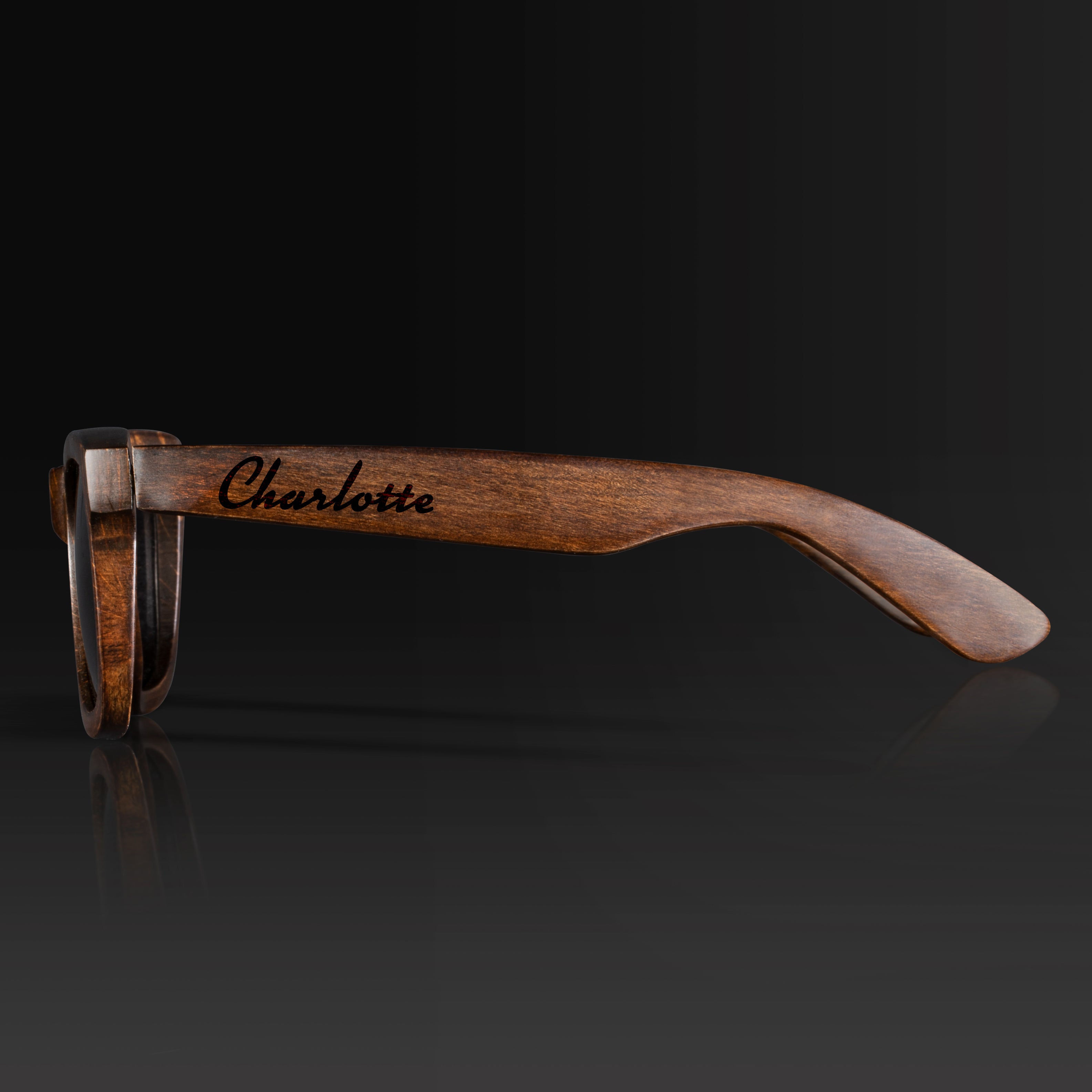 Charlotte North Carolina Wood Sunglasses with custom engraving. Custom Charlotte North Carolina Gifts For Men -  Sustainable Charlotte North Carolina eco friendly products - Personalized Charlotte North Carolina Birthday Gifts - Unique Charlotte North Carolina travel Souvenirs and gift shops. Charlotte North Carolina Wayfarer Eyewear and Shades Side