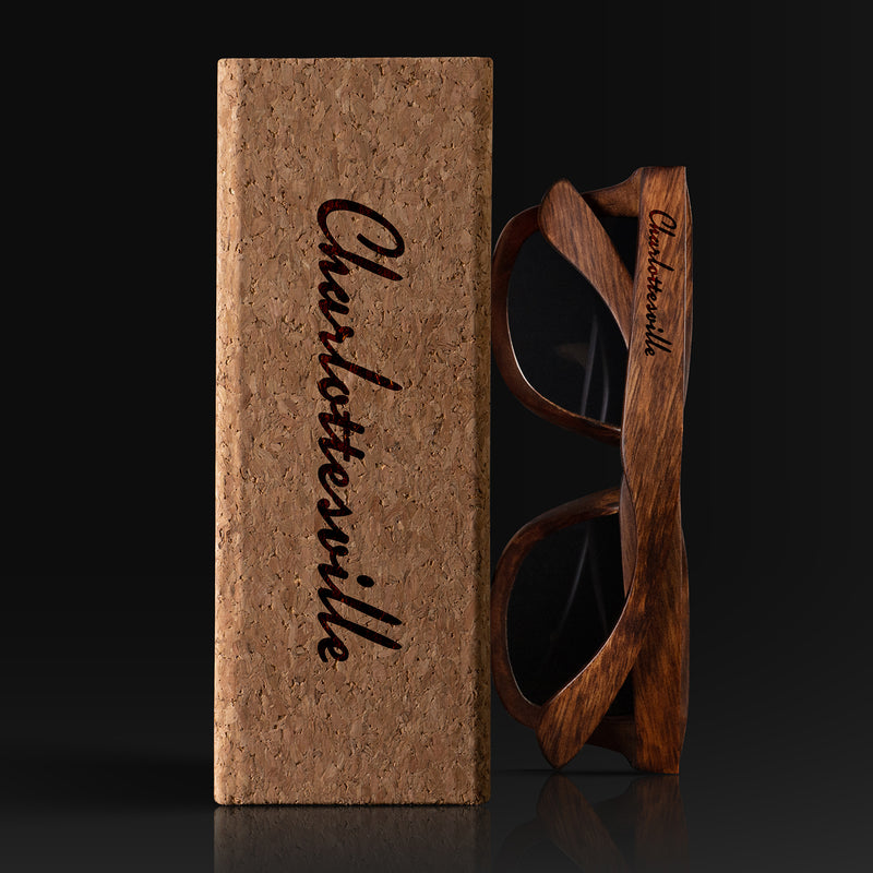 Charlottesville Virginia Wood Sunglasses with custom engraving. Custom Charlottesville Virginia Gifts For Men -  Sustainable Charlottesville Virginia eco friendly products - Personalized Charlottesville Virginia Birthday Gifts - Unique Charlottesville Virginia travel Souvenirs and gift shops. Charlottesville Virginia Wayfarer Eyewear and Shades wiith Box