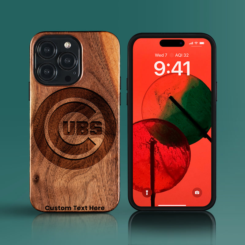 Custom Chicago Cubs iPhone 15/15 Pro/15 Pro Max/15 Plus Case - Carved Wood Cubs Cover