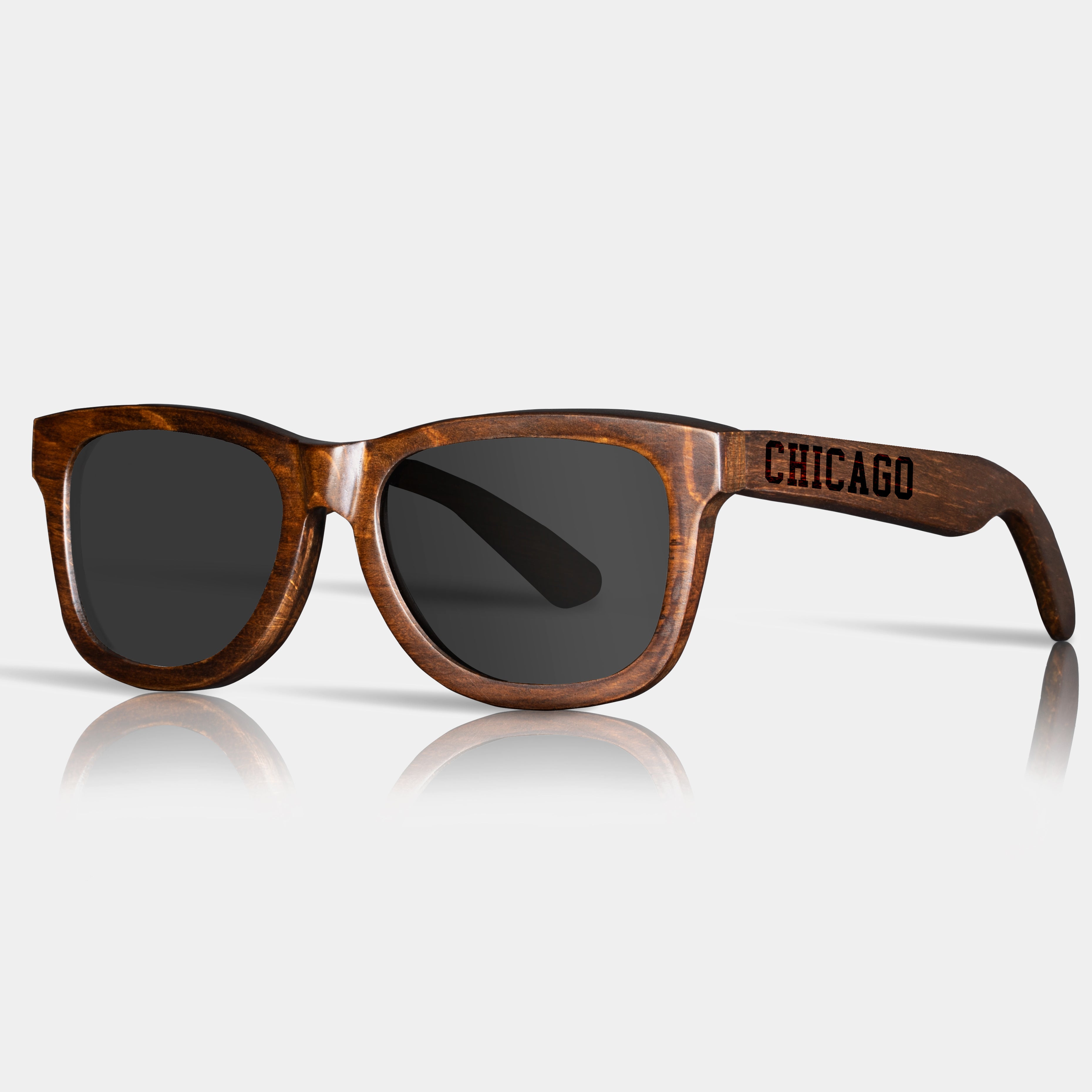 Chicago III Wood Sunglasses with custom engraving. Custom Chicago III Gifts For Men -  Sustainable Chicago III eco friendly products - Personalized Chicago III Birthday Gifts - Unique Chicago III travel Souvenirs and gift shops. Chicago III Wayfarer Eyewear and Shades Front View