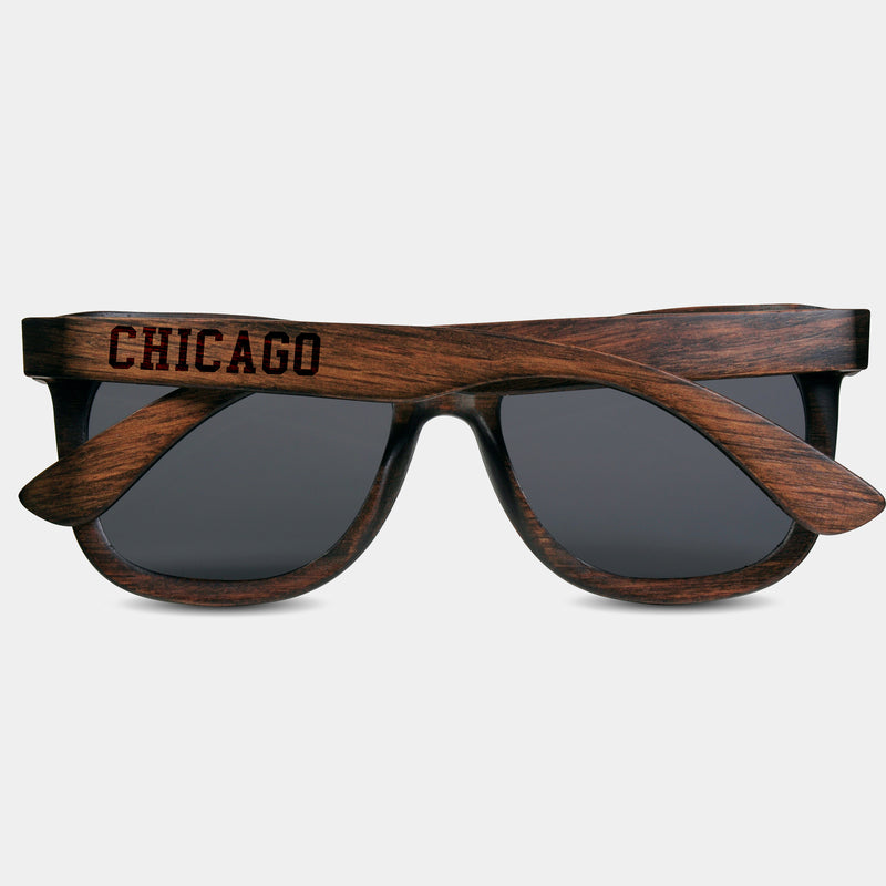 Chicago III Wood Sunglasses with custom engraving.  Add Your Custom Engraving On The Right Side. Chicago III Custom Gifts For Men - Chicago III Sustainable Wayfarer Eyewear and Shades Front View