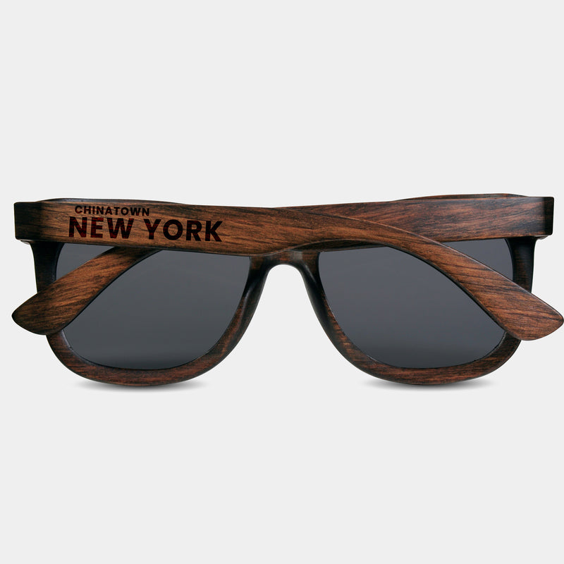 Chinatown New York Wood Sunglasses with custom engraving.  Add Your Custom Engraving On The Right Side. Chinatown New York Custom Gifts For Men - Chinatown New York Sustainable Wayfarer Eyewear and Shades Front View