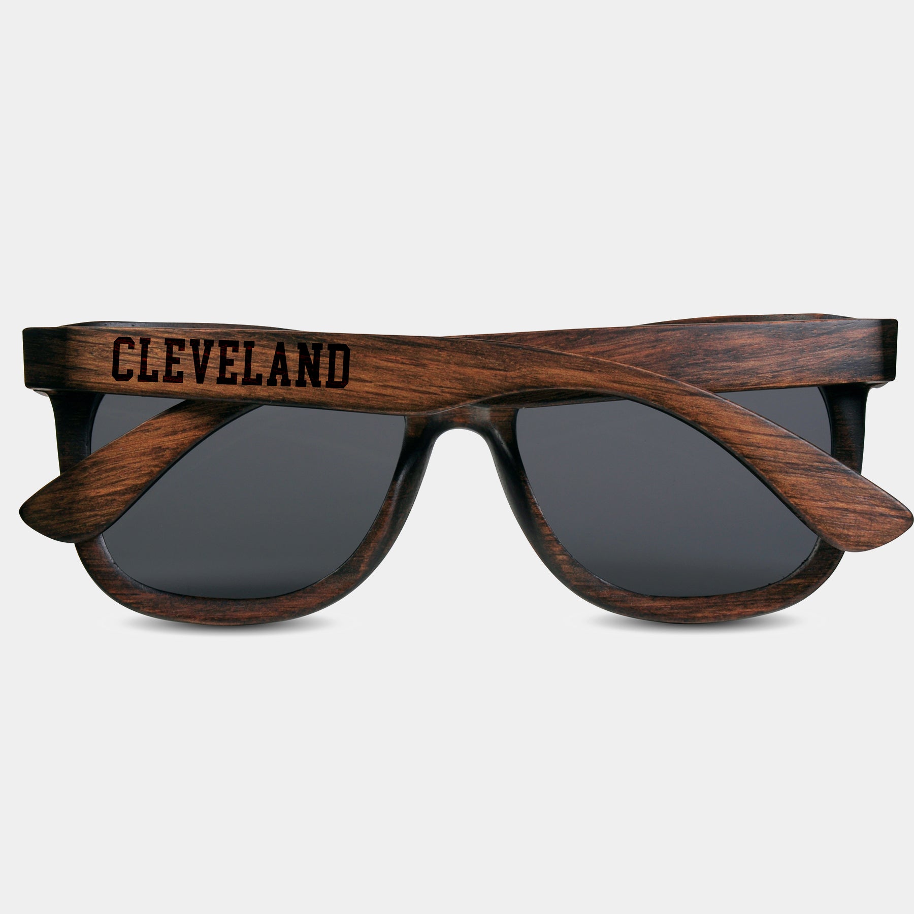 Cleveland Ohio II Wood Sunglasses with custom engraving.  Add Your Custom Engraving On The Right Side. Cleveland Ohio II Custom Gifts For Men - Cleveland Ohio II Sustainable Wayfarer Eyewear and Shades Front View