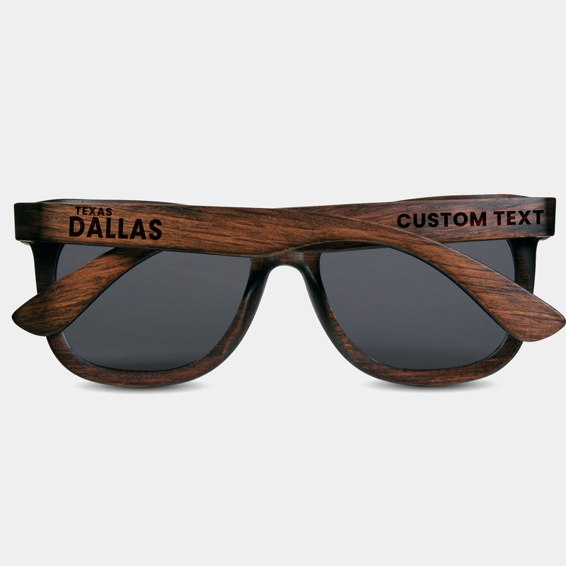 Dallas Texas Wood Sunglasses with custom engraving. Custom Dallas Texas Gifts For Men -  Sustainable Dallas Texas eco friendly products - Personalized Dallas Texas Birthday Gifts - Unique Dallas Texas travel Souvenirs and gift shops. Dallas Texas Wayfarer Eyewear and Shades 