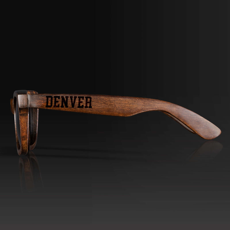 Denver Colorado II Wood Sunglasses with custom engraving. Custom Denver Colorado II Gifts For Men -  Sustainable Denver Colorado II eco friendly products - Personalized Denver Colorado II Birthday Gifts - Unique Denver Colorado II travel Souvenirs and gift shops. Denver Colorado II Wayfarer Eyewear and Shades Side