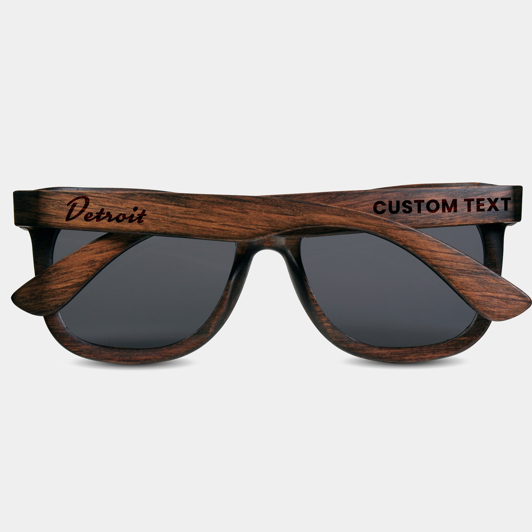 Detroit Michigan Wood Sunglasses with custom engraving. Custom Detroit Michigan Gifts For Men -  Sustainable Detroit Michigan eco friendly products - Personalized Detroit Michigan Birthday Gifts - Unique Detroit Michigan travel Souvenirs and gift shops. Detroit Michigan Wayfarer Eyewear and Shades 