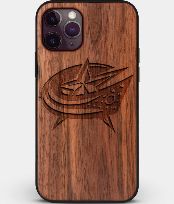 Custom Carved Wood Columbus Blue Jackets iPhone 11 Pro Case | Personalized Walnut Wood Columbus Blue Jackets Cover, Birthday Gift, Gifts For Him, Monogrammed Gift For Fan | by Engraved In Nature