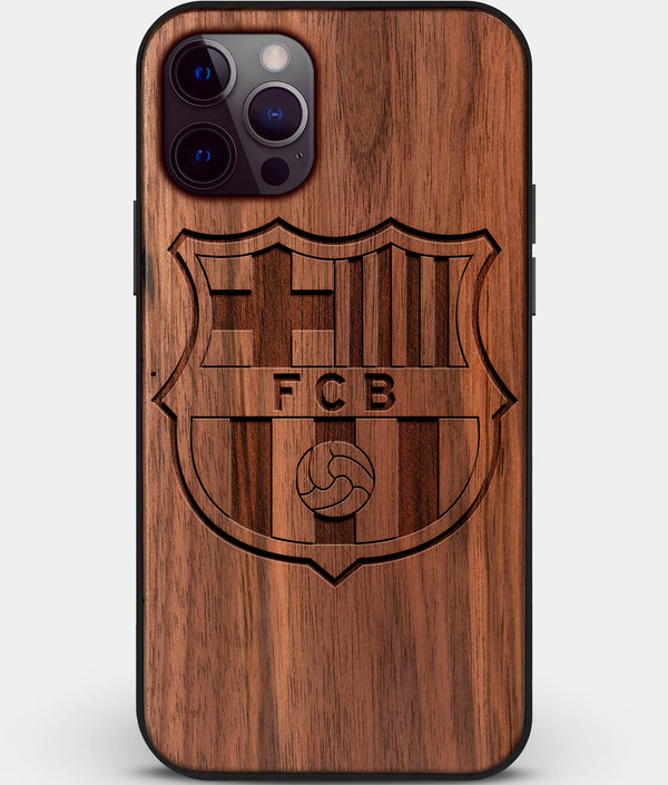 Custom Carved Wood FC Barcelona iPhone 12 Pro Case | Personalized Walnut Wood FC Barcelona Cover, Birthday Gift, Gifts For Him, Monogrammed Gift For Fan | by Engraved In Nature