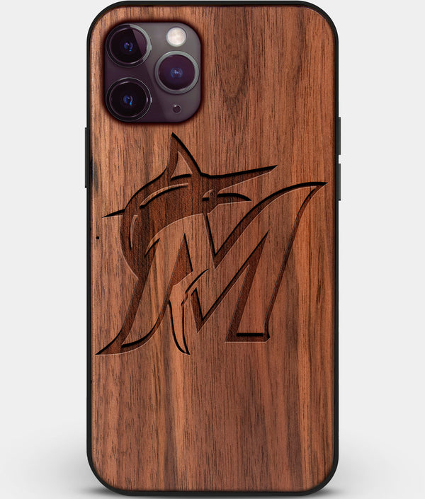 Custom Carved Wood Miami Marlins iPhone 11 Pro Case | Personalized Walnut Wood Miami Marlins Cover, Birthday Gift, Gifts For Him, Monogrammed Gift For Fan | by Engraved In Nature