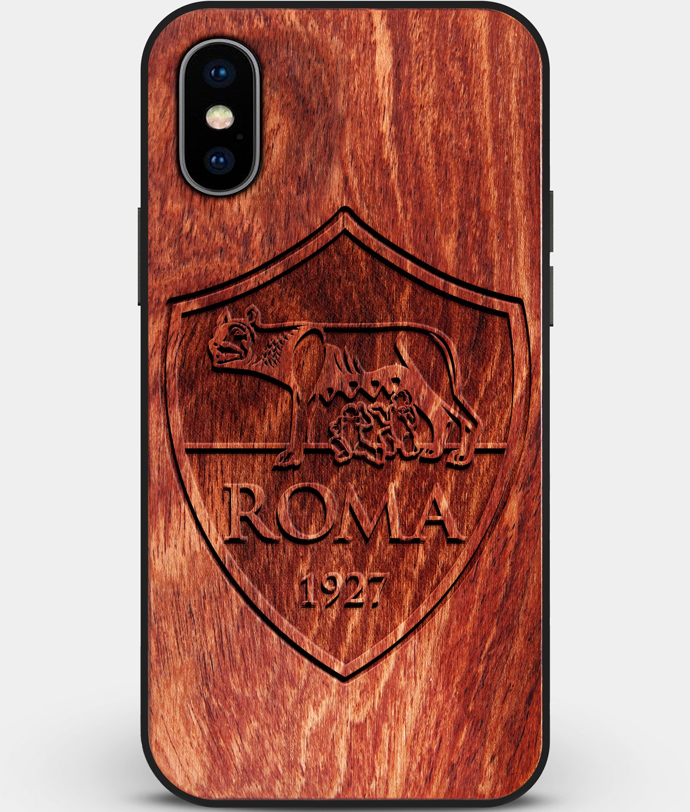 Custom Carved Wood A.S. Roma iPhone XS Max Case | Personalized Mahogany Wood A.S. Roma Cover, Birthday Gift, Gifts For Him, Monogrammed Gift For Fan | by Engraved In Nature