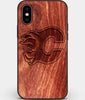 Custom Carved Wood Calgary Flames iPhone X/XS Case | Personalized Mahogany Wood Calgary Flames Cover, Birthday Gift, Gifts For Him, Monogrammed Gift For Fan | by Engraved In Nature