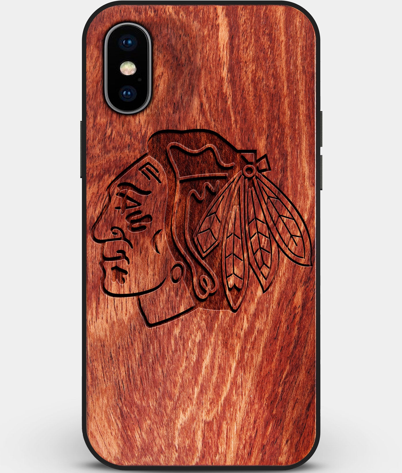 Custom Carved Wood Chicago Blackhawks iPhone X/XS Case | Personalized Mahogany Wood Chicago Blackhawks Cover, Birthday Gift, Gifts For Him, Monogrammed Gift For Fan | by Engraved In Nature