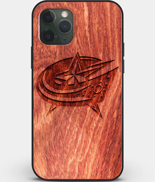 Custom Carved Wood Columbus Blue Jackets iPhone 11 Pro Case | Personalized Mahogany Wood Columbus Blue Jackets Cover, Birthday Gift, Gifts For Him, Monogrammed Gift For Fan | by Engraved In Nature