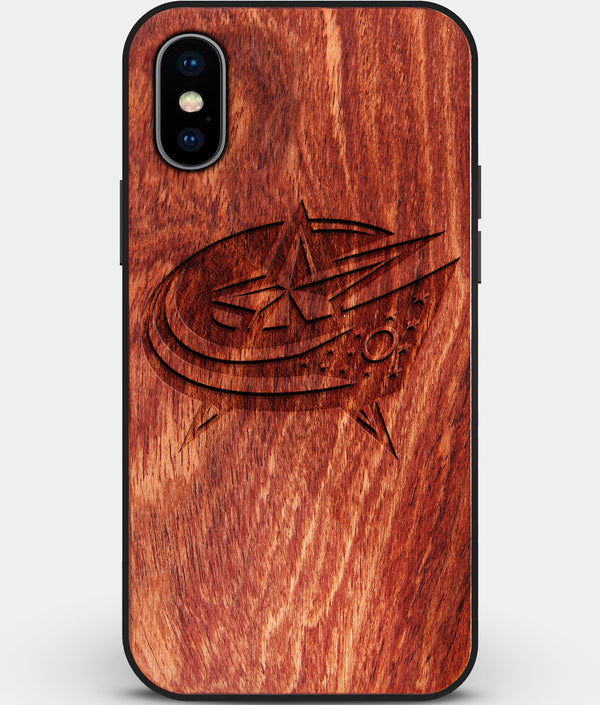 Custom Carved Wood Columbus Blue Jackets iPhone X/XS Case | Personalized Mahogany Wood Columbus Blue Jackets Cover, Birthday Gift, Gifts For Him, Monogrammed Gift For Fan | by Engraved In Nature