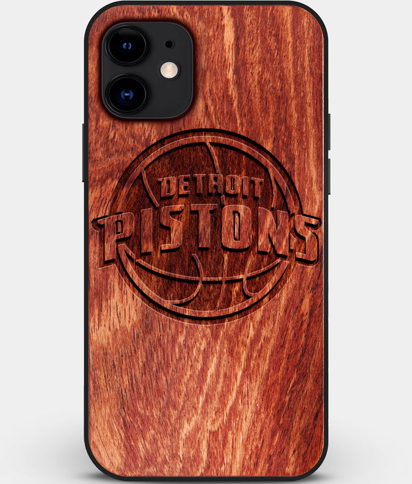 Custom Carved Wood Detroit Pistons iPhone 12 Case | Personalized Mahogany Wood Detroit Pistons Cover, Birthday Gift, Gifts For Him, Monogrammed Gift For Fan | by Engraved In Nature