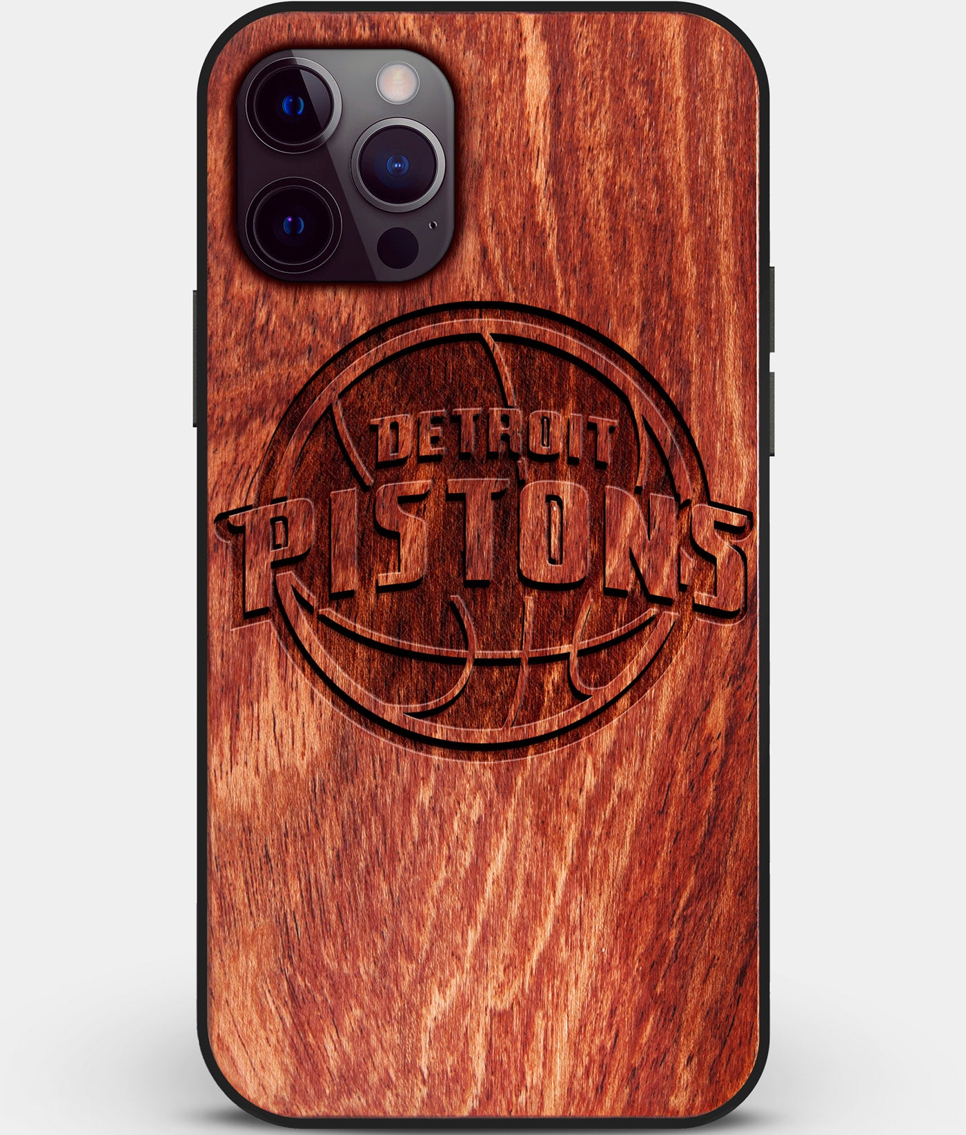 Custom Carved Wood Detroit Pistons iPhone 12 Pro Max Case | Personalized Mahogany Wood Detroit Pistons Cover, Birthday Gift, Gifts For Him, Monogrammed Gift For Fan | by Engraved In Nature