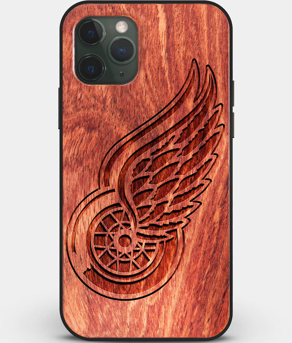 Custom Carved Wood Detroit Red Wings iPhone 11 Pro Case | Personalized Mahogany Wood Detroit Red Wings Cover, Birthday Gift, Gifts For Him, Monogrammed Gift For Fan | by Engraved In Nature