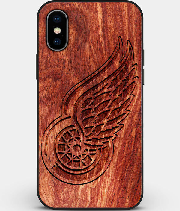 Custom Carved Wood Detroit Red Wings iPhone X/XS Case | Personalized Mahogany Wood Detroit Red Wings Cover, Birthday Gift, Gifts For Him, Monogrammed Gift For Fan | by Engraved In Nature